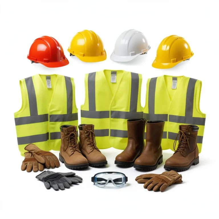 Hard hats, hi-vis vests and work boots